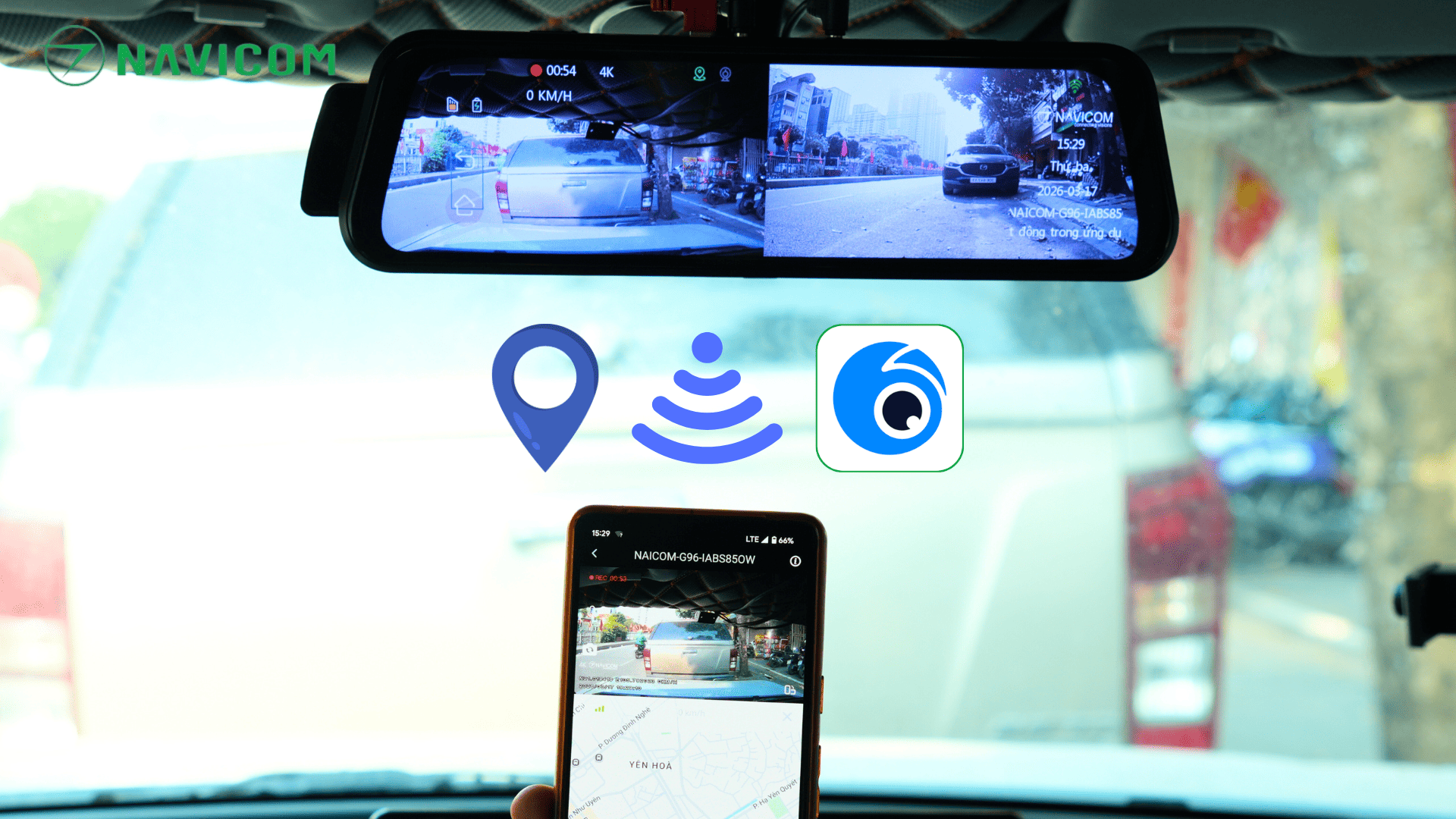 Camera hanh trinh guong o to NAVICOM G96 tich hop Wifi, GPS de dang ket noi voi dien thoai di dong smart phone