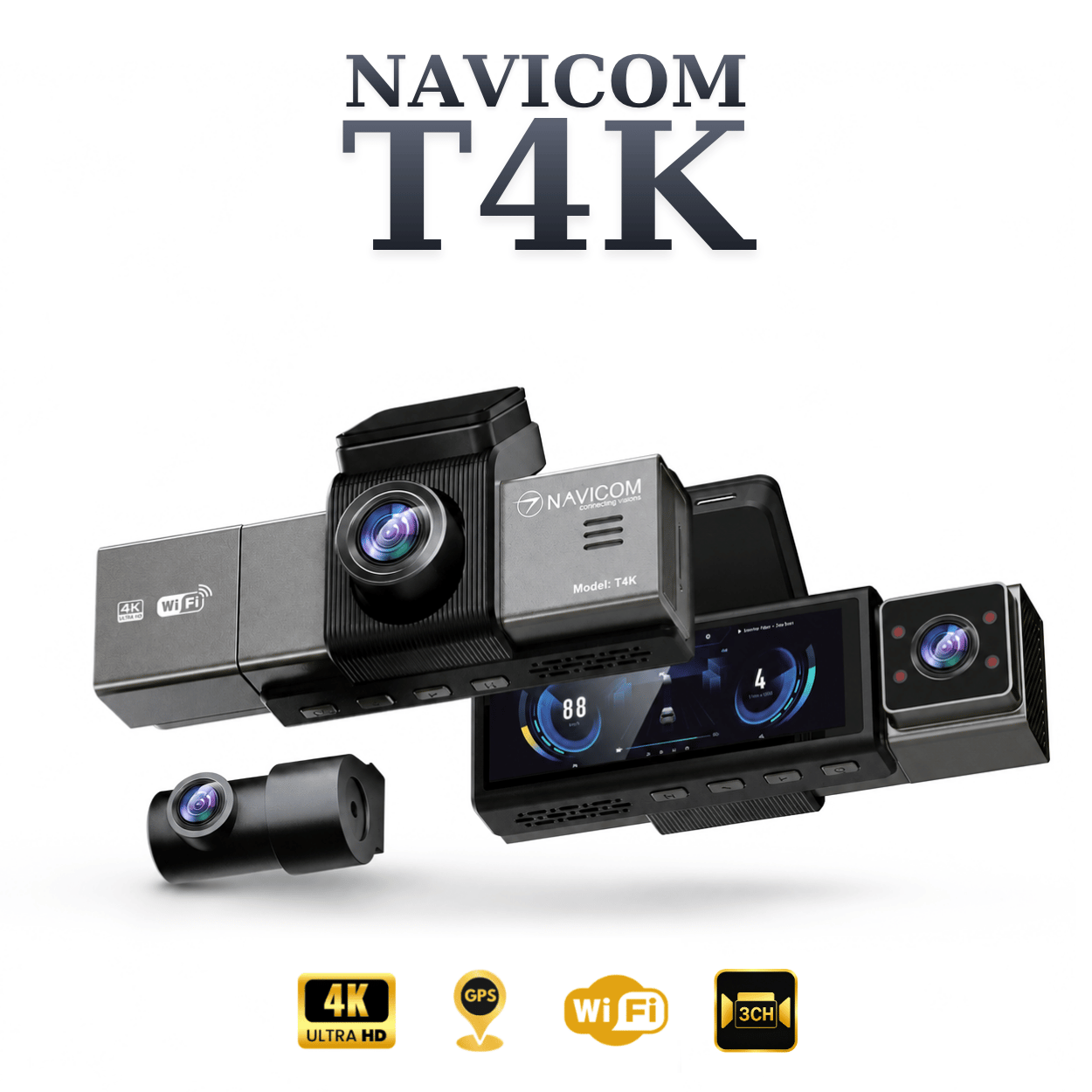 Camera hành trình 4K ghi hình 3 kênh trước - trong cabin - sau xe: NAVICOM T4K